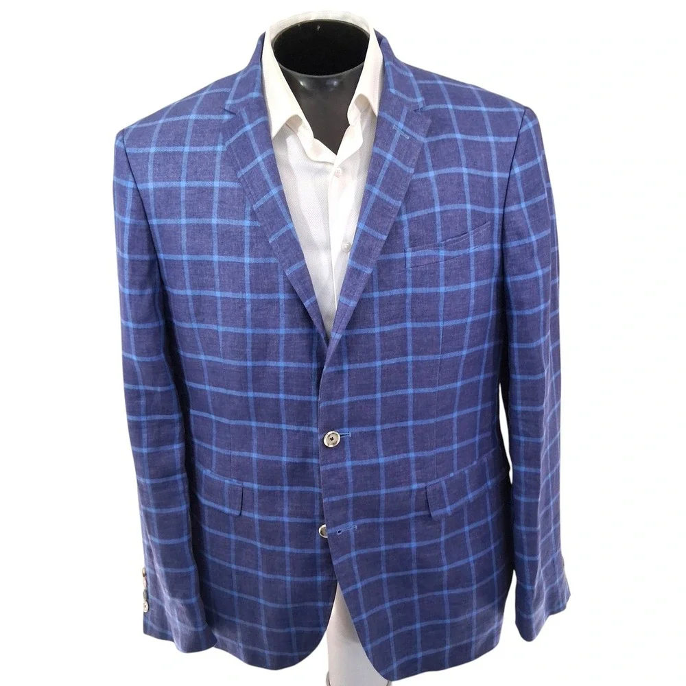 Sand Copenhagen Blazer 42R / 54EU Blue Windowpane Sherman 100% Linen Sport Coat